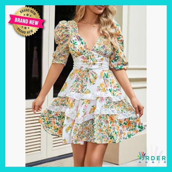 V-Neck Puff Sleeve Mini Dress Flowy Fit & Flare Sundress Retro Chic - Picture 4 of 6